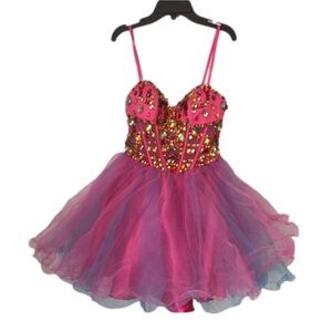 Dave & Johnny Juniors Pink & Blue Sequin. And Taffeta Mini Dress. Size 3/4.